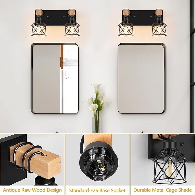 FadimiKoo 2-Light Farmhouse Bathroom Vanity Light Fixtures, Wood Bathroom - Image 3