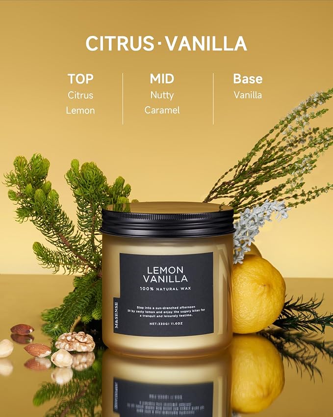 M&SENSE Lemon Vanilla Home Scented Candles, 11.6oz Organic Soy Wax, 70-Hour - Image 2