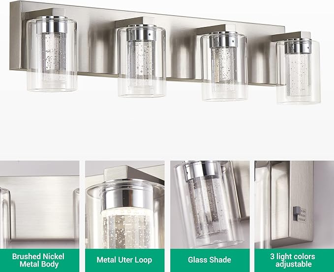 Brushed Nickel 4-Light Vanity Light, Crystal Bubble Glass - Image 3