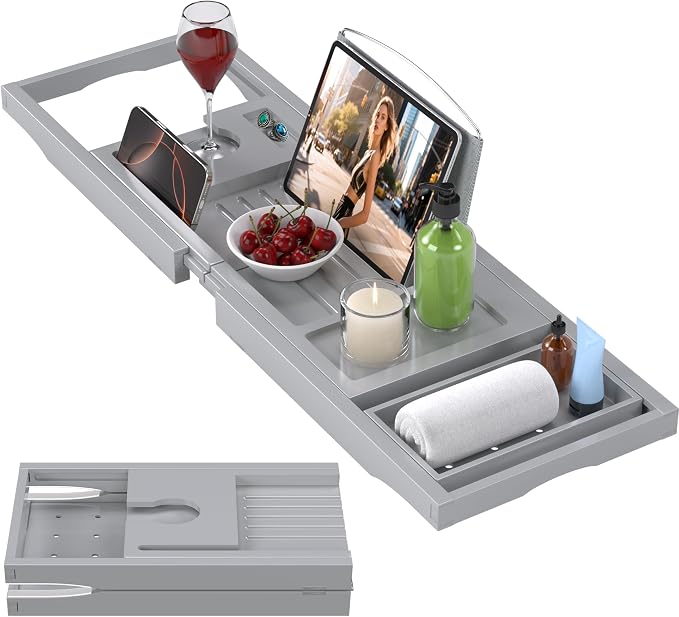 Foldable Bathtub Caddy Tray for Tub, Bamboo Expandable Bath Table Trays by Unknown