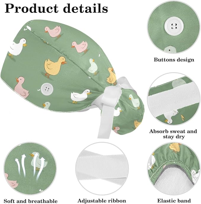 Scrub Caps Women Ponytail Cute Pink and White Leaves Caps Bouffant Working Hat - Image 4