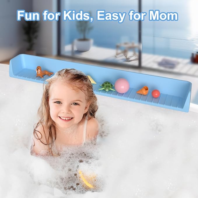 Splash Guard for Bathtub Kids, Longer Silicone Bathtub Water Guard, Toy Tray - Image 2