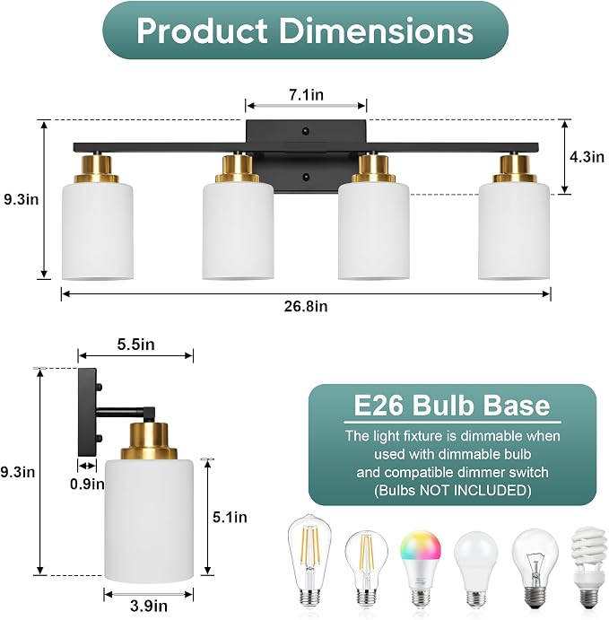 Ascher Bathroom Light Fixtures, 4-Light Vanity Light Over Mirror, Wall Lamp - Image 2