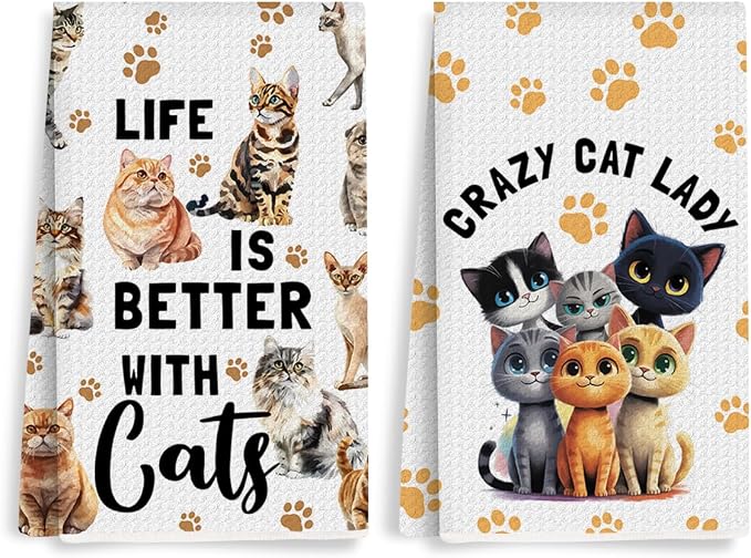 2PCS Cute Cat Kitchen Towels, Cat Themed Gifts Reusable Absorbent Waffle Weave by Unknown