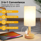 Small Bedside Table Lamp with AC Outlet, Natural Round Wood Base&Fabric Linen - Image 3