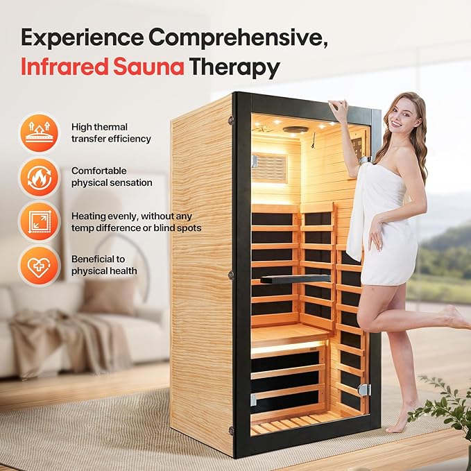 OUTEXER Sauna One Person Infrared Saunas Room Chilean Pine Wood 1050W Dry - Image 2