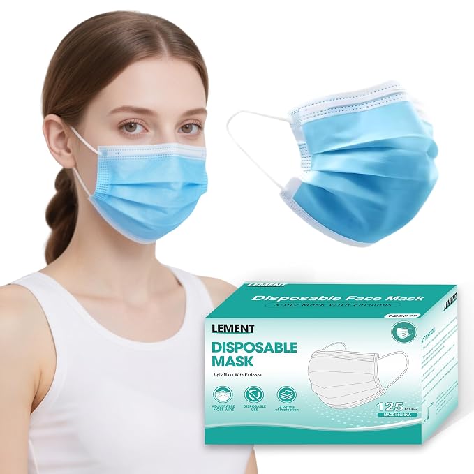LEMENT 125 Pcs Blue Disposable Face Masks, 3 Ply Face Mask Elastic Earloops by Lement