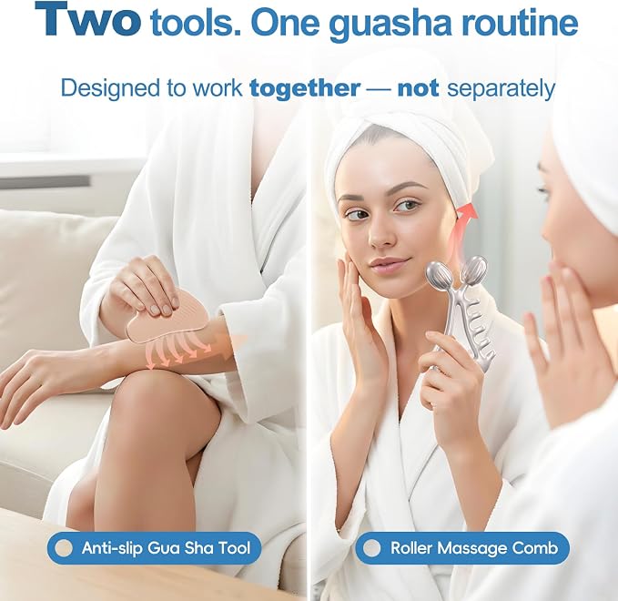 Gua Sha Facial Tools & Face Roller Set, Stainless Steel Facial Massager Tools - Image 2