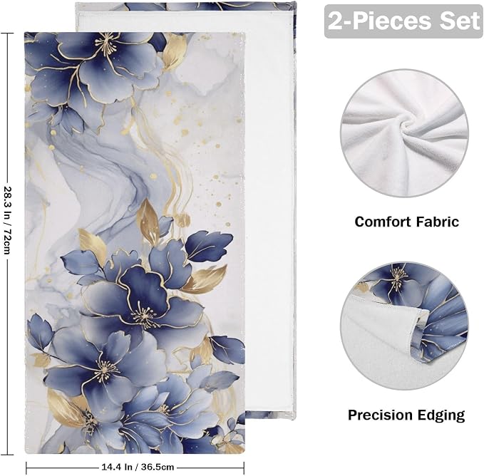 Abstract Blue Golden Floral Leaves Hand Towels - Image 2