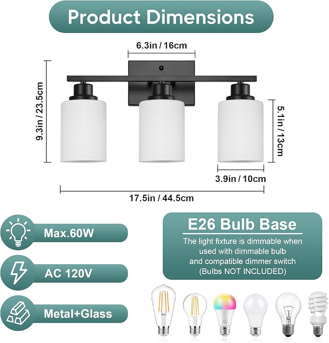 Ascher Bathroom Light Fixtures, 3-Light Vanity Light Over Mirror, Wall Lamp - Image 2