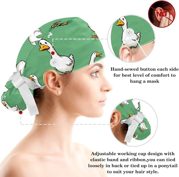 Scrub Caps Women Ponytail Cute Pink and White Leaves Caps Bouffant Working Hat - Image 3