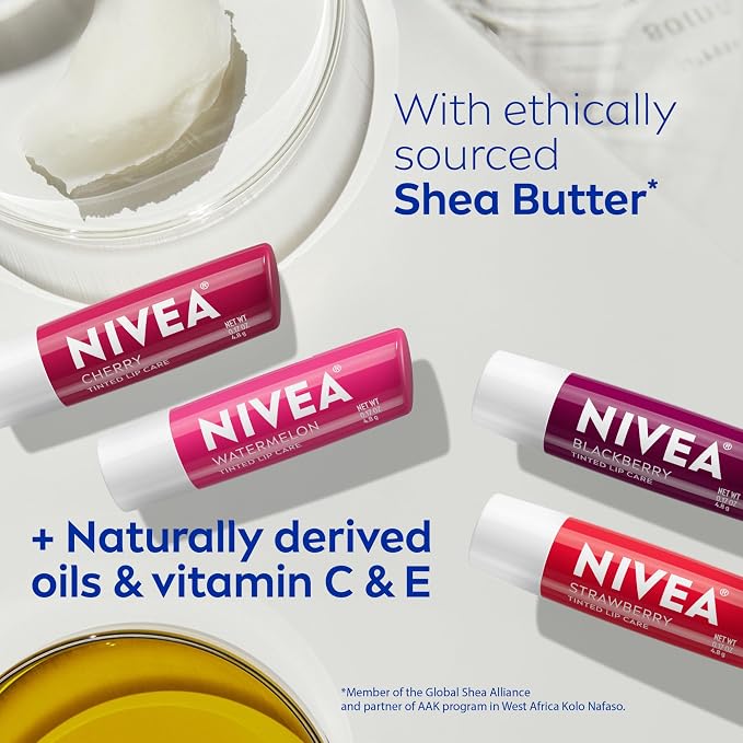 NIVEA Lip Care, Fruity Tinted Lip Balm Variety Pack, Strawberry, 3-in-1 Moisture - Image 8