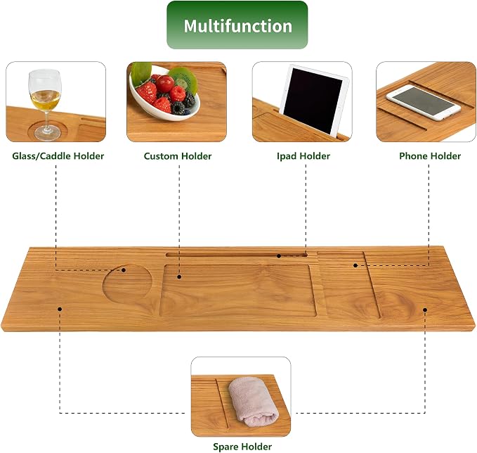 VaeFae Teak Bathtub Tray Table, Wooden Bath Board - Image 4