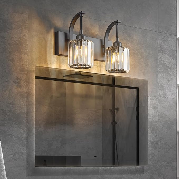 Bathroom Crystal Vanity Lights 2-Light Black Wall Lamp Modern Crystal Bathroom - Image 3