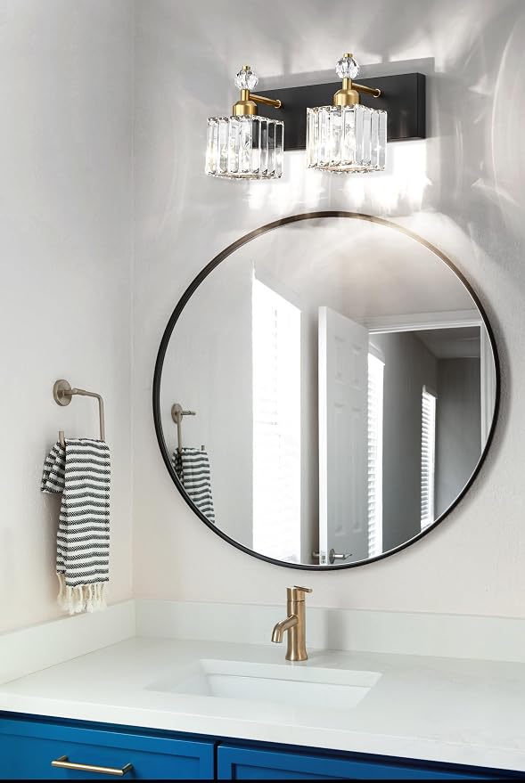 PRESDE Crystal 2 Light Bathroom Vanity Lights Black and Gold Bathroom Lights - Image 3