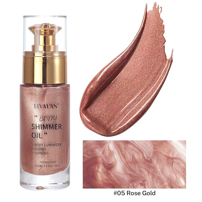 Liyalan Shimmer Body Oil Rose Gold Color 1.0 fl.oz Face Glow Pearl Highlighter - Image 9