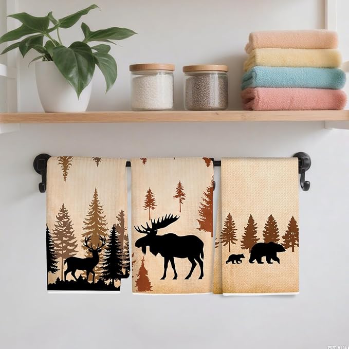 3PCS Wild Animal Deer Moose Bear Forest Camping Kitchen Towel - Image 4
