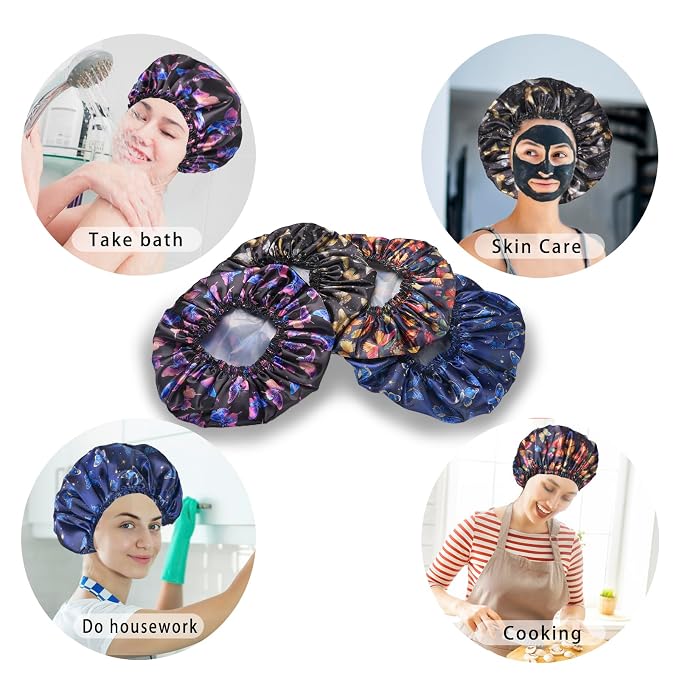 4 PCS Shower Cap for Women, Elastic and Reusable Bath Caps, Double Layers - Image 8
