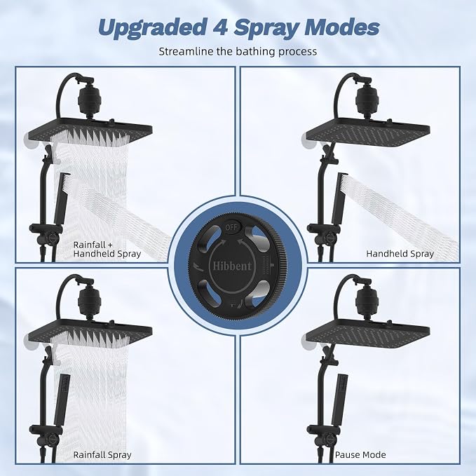 Hibbent 5-spray Filtered Rainfall Shower Head Combo, High Pressure 13'' - Image 4
