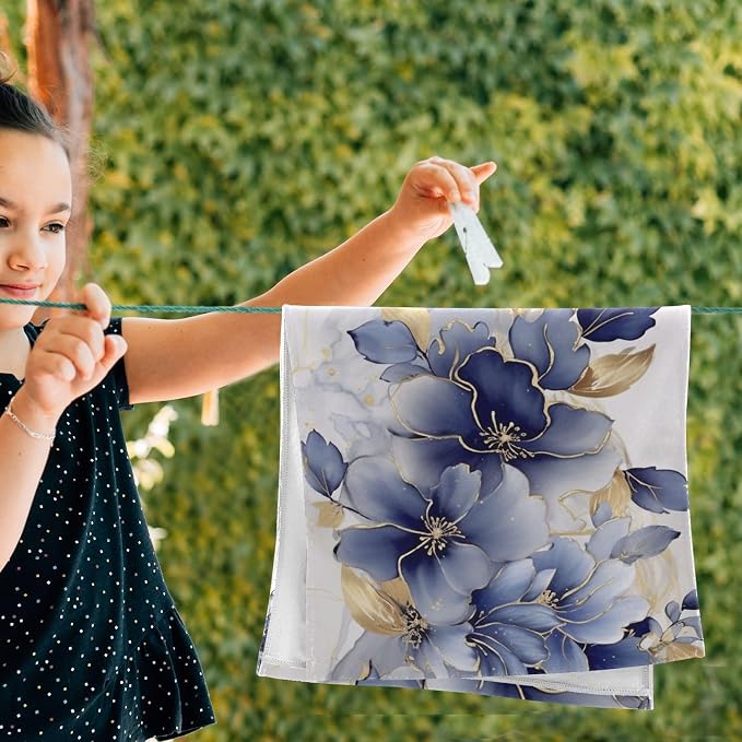 Abstract Blue Golden Floral Leaves Hand Towels - Image 4