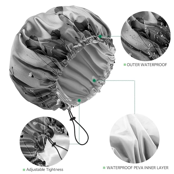 2 PCS Shower Cap Waterproof Double Layer Elastic Adjustable Reusable Hair Bath - Image 3