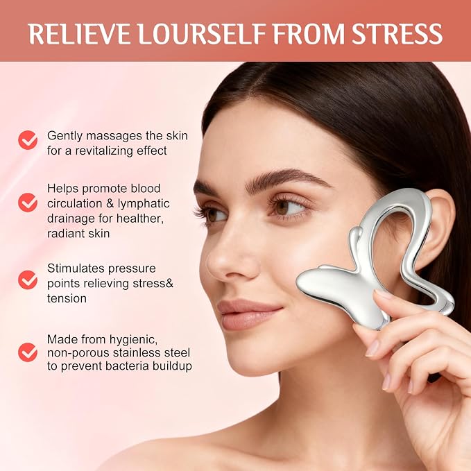 Gua Sha & Face Roller, Stainless Steel Gua Sha Facial Tools, Lymphatic Drainage - Image 3