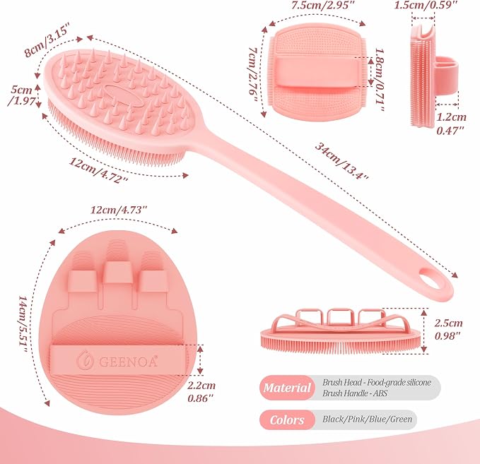 Silicone Back & Face Scrubber & Bath Glove Set 3PCS, 13.4'' Gentle Back Scrubber - Image 2