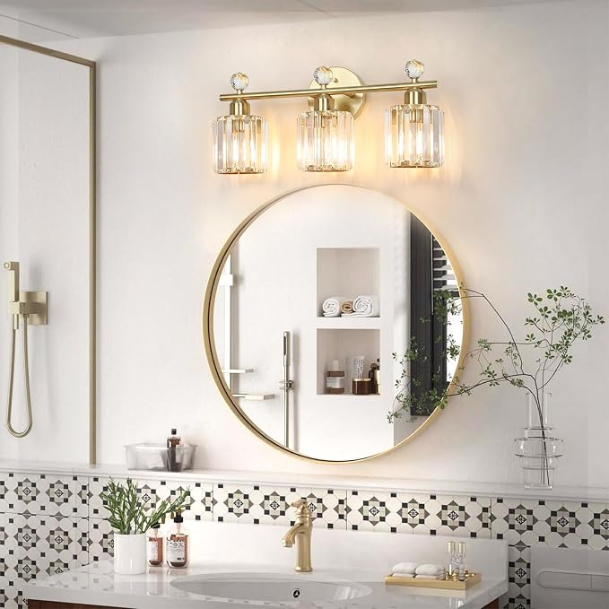 3-Light Gold Bathroom Light Fixtures Modern K9 Crystal Vanity Lights Wall Sconce - Image 6