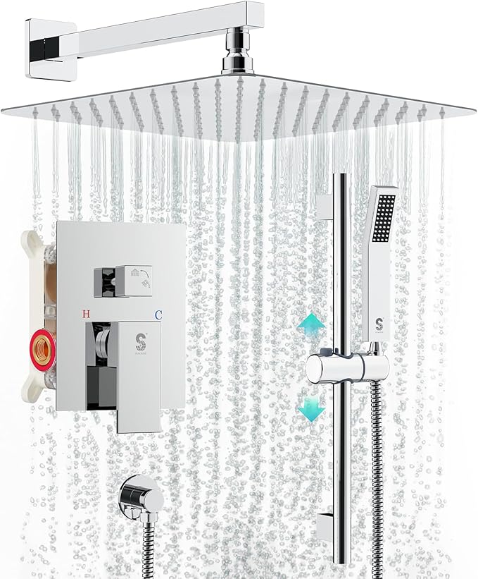 SR SUN RISE 10 Inch Square Shower Faucet, Adjustable 16-Inch Slide Bar Hand by SRSUNRISE