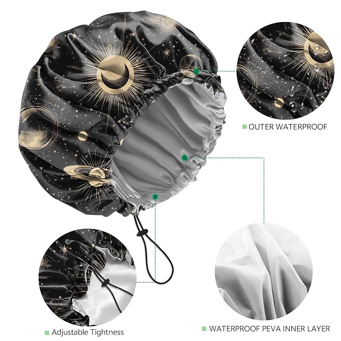 2 PCS Shower Cap Waterproof Double Layer Elastic Adjustable Reusable Hair Bath - Image 3