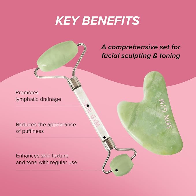 Skin Gym Jade Facial Roller & Gua Sha Tool Workout Set, Revitalizing Skincare - Image 3