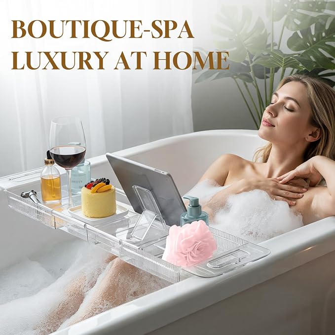 Expandable Clear Acrylic Bathtub Tray Caddy, Foldable Tub Bath Tray - Image 2