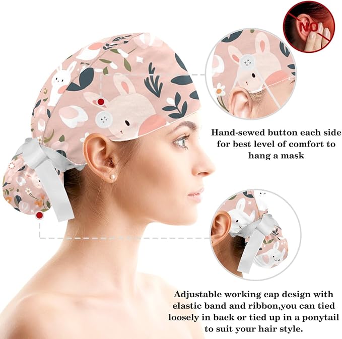 Scrub Caps Women Ponytail Cute Pink and White Leaves Caps Bouffant Working Hat - Image 3