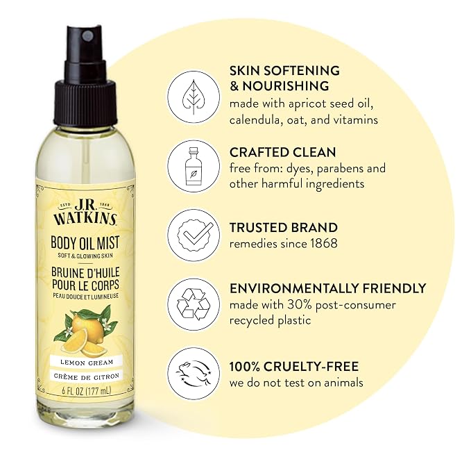 J.R. Watkins Naturally Hydrating Body Oil Mist, Lemon Cream, 6 fl oz, 2 Pack - Image 2