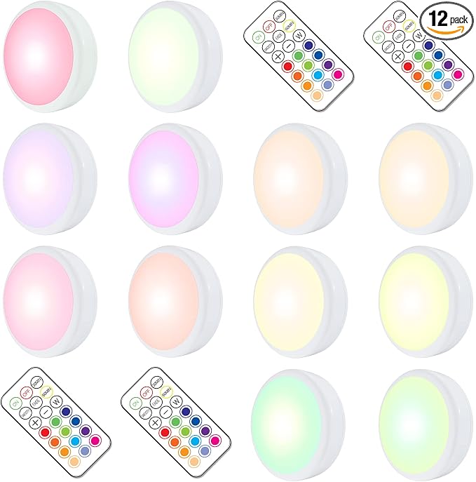 HELPLEX LED Puck Lights with Remote, 12 Pack Color Changing RGBW Stick-On Light by HELPLEX