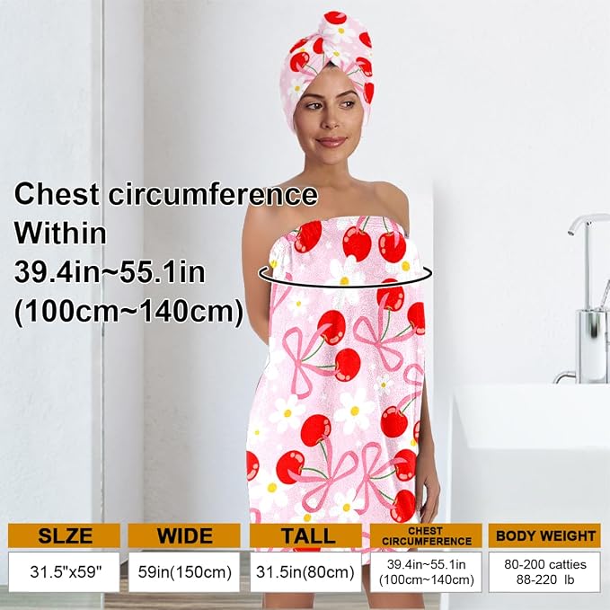 Cherry Bath Wrap with Matching Hair Drying Cap – Soft Microfiber Lightweight - Image 4