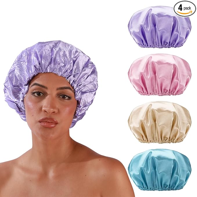 Smilco 4 Pack Shower Caps for Women, Reusable Waterproof Double Layer Bath Cap by Smilco
