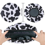 Black Cow Print Satin Shower Cap, Three-Layer Terry Cloth Lined, - Image 2
