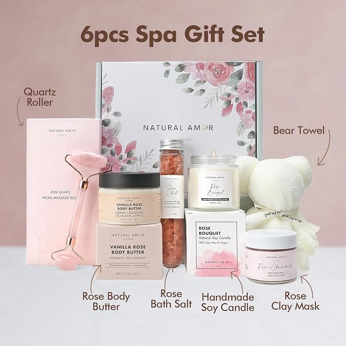 Natural Amor Rose Spa Gift Set – 6 pcs Handmade Self-Care Kit - Image 2