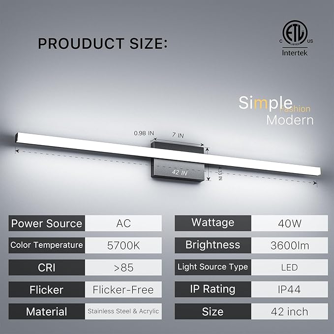 42Inch LED Bathroom Vanity Light Bar 5700K Dimmable Led Bathroom Light Over - Image 2