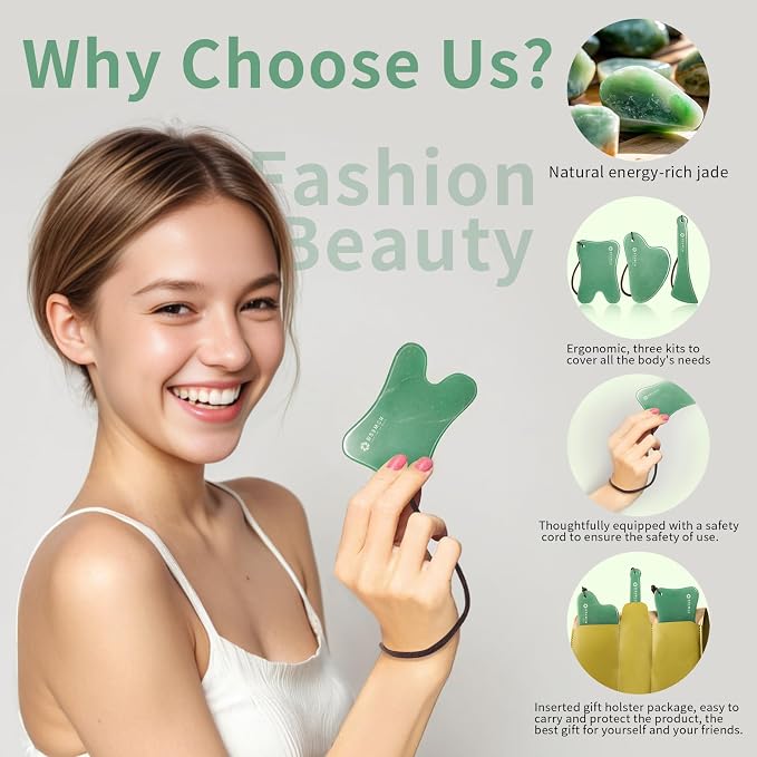 Gua Sha Tools 3 Pcs Natural Jade Gwashah Stone Instead of Stainless Steel Gua - Image 5
