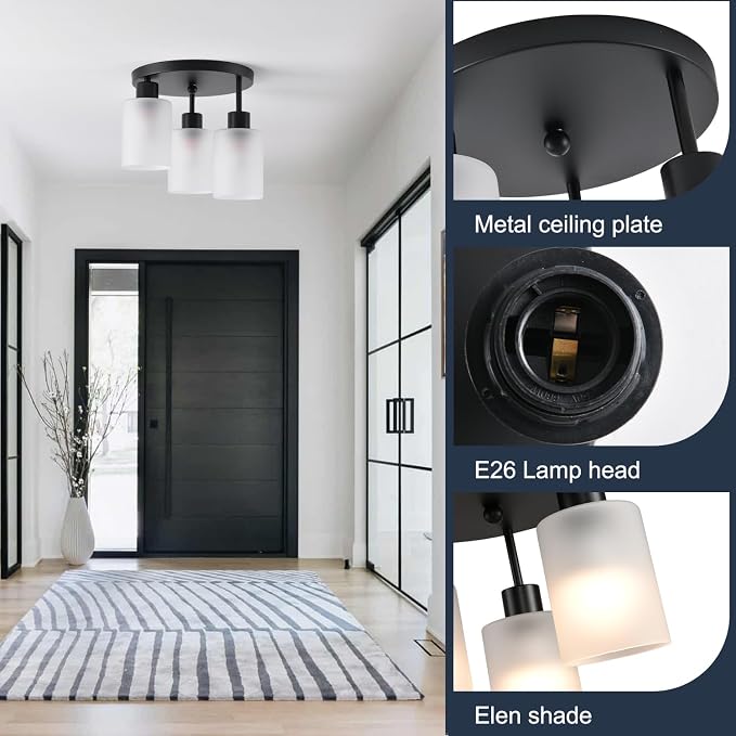 3-Light Industrial Farmhouse Black Matte Light Fixtures Ceiling Mount, - Image 9
