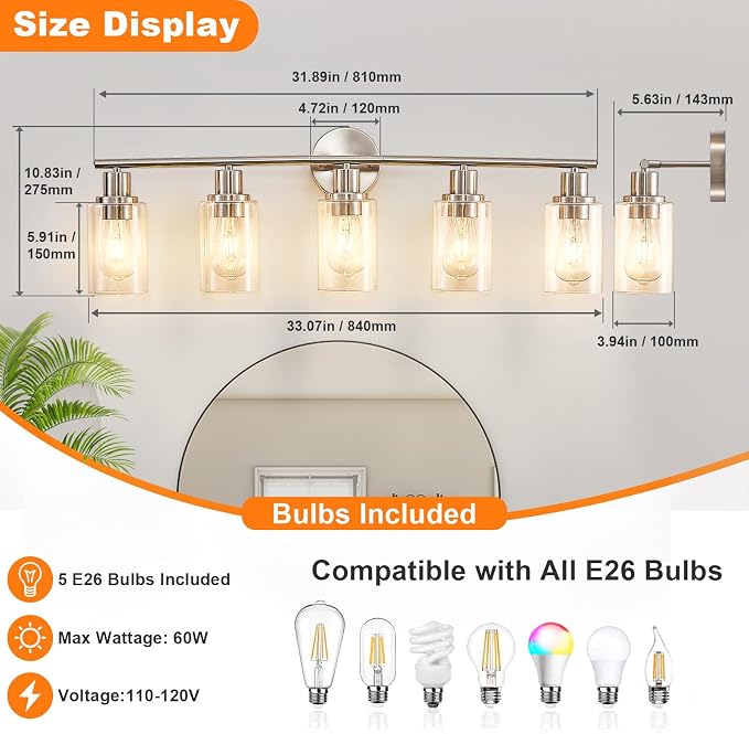 DLLT 5-Light Bathroom Light Fixtures: Nickel Modern Vanity Lights - Image 3