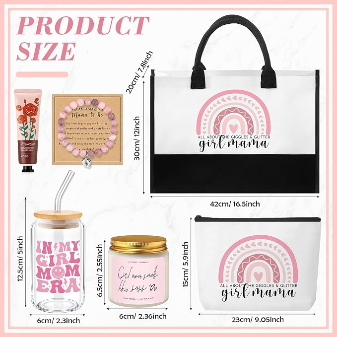7 Sets Girl Mom Gifts for New Mom Gifts Tote Bag Makeup Bag Candle Bracelet Cup - Image 2