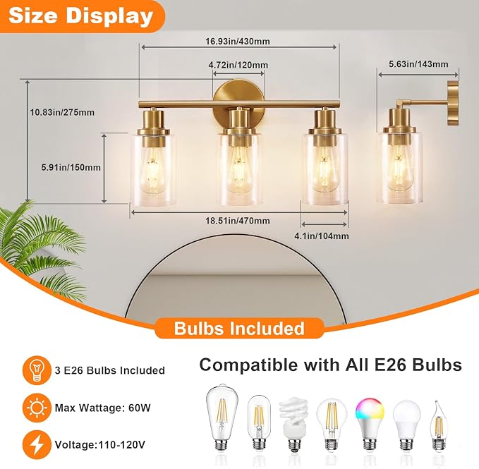 DLLT 3-Light Bathroom Light Fixtures: Gold Modern Vanity Wall Lights - Image 4