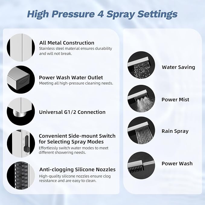 Hibbent Upgraded cUPC Certified 13'' Shower Head Combo, High Pressure 5-spray - Image 3
