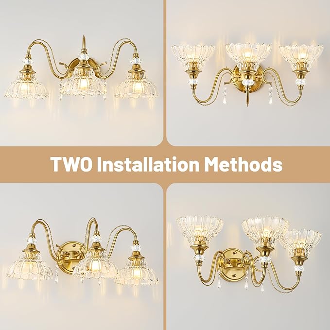 Vintage Bathroom Vanity Light, 3-Light Brushed Gold Finish Wall Sconce - Image 3