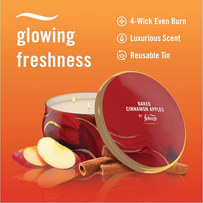 Febreze Scented Candle, Baked Cinnamon Apples Scent, 4 Wick Candle, Reusable Tin - Image 2