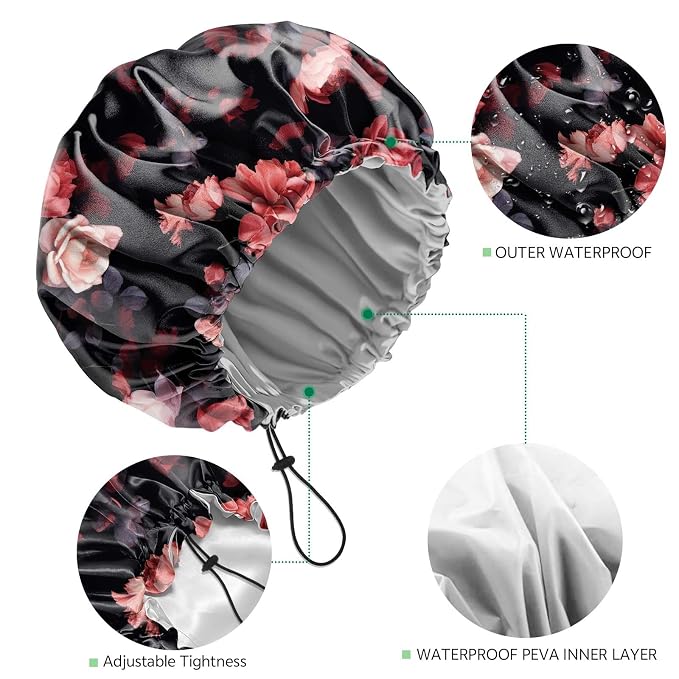 2 PCS Shower Cap Waterproof Double Layer Elastic Adjustable Reusable Hair Bath - Image 3