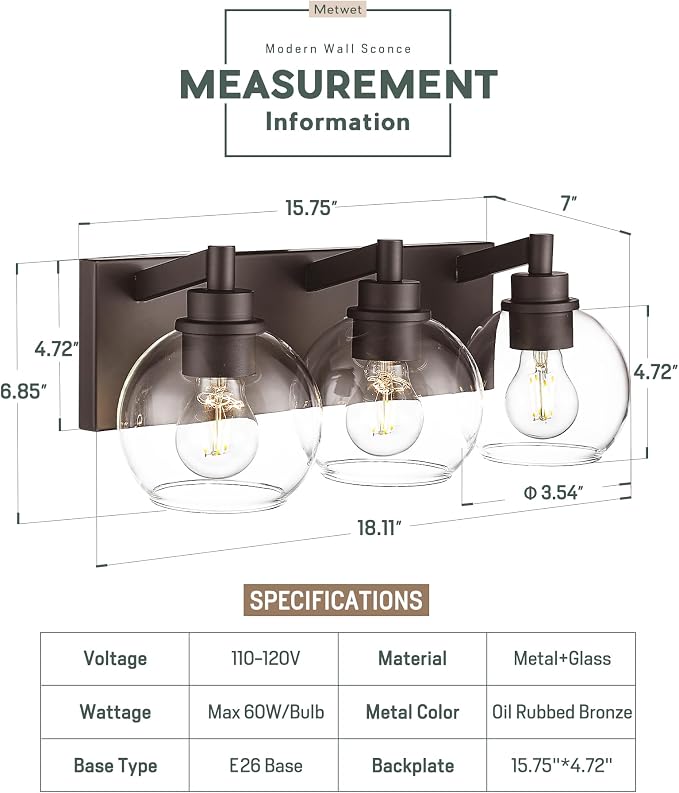 Bathroom Light Fixtures Over Mirror, 3-Light Oil Rubbed Bronze Vanity Light - Image 2
